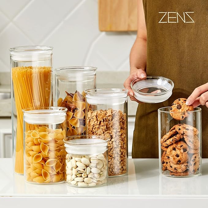 ZENS 17oz Glass Food Storage Jars Set of 6, Clear Glass Canisters Set with Airtight Lids, Small Storge Container jar for Kitchen Spice, Sugar Container, Blooming Tea, Snacks