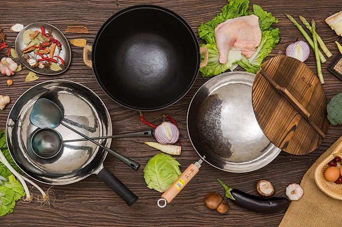 臻三环 ZhenSanHuan Chinese Hand Hammered Iron Woks and Stir Fry Pans, Non-stick, No Coating, Carbon Steel Pow (36CM, Blue Black - Seasoned)