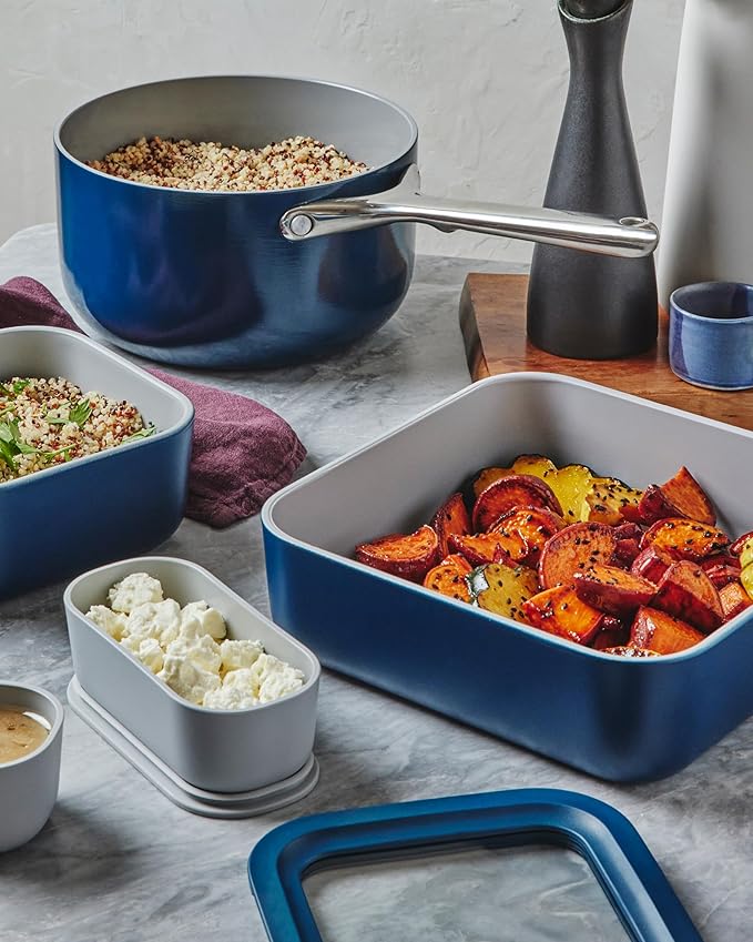 Caraway 2pc Glass Food Storage Set - 10 Cup Food Containers (2) - Ceramic Coated - Non Toxic, Non Stick Lunch Box with Lids. Dishwasher, Oven, & Microwave Safe - Cream