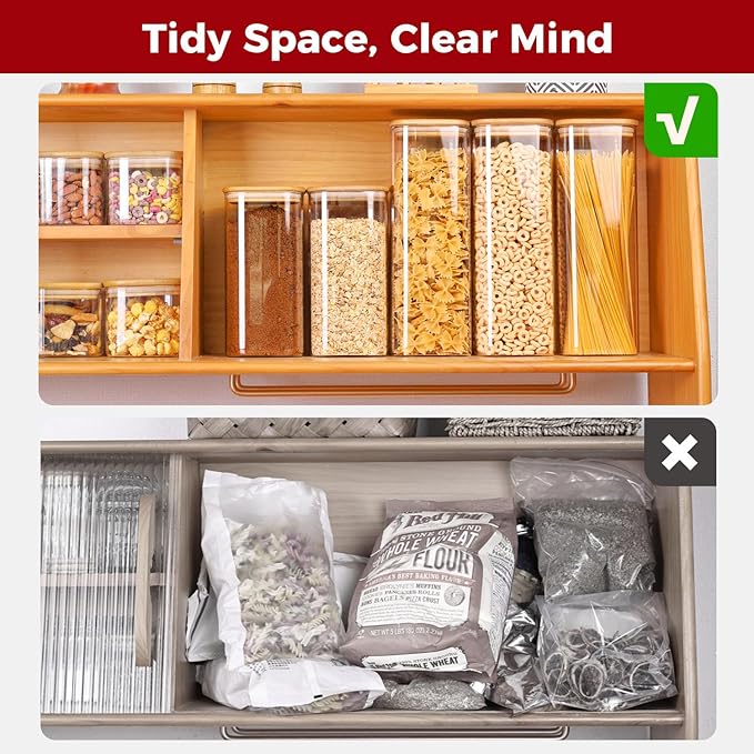 Rectangle Glass Storage Containers with Lids, Glass Jars with Bamboo Lids for Spaghetti, Pasta, Kitchen Pantry Storage Containers (2 pack 2.2qt)