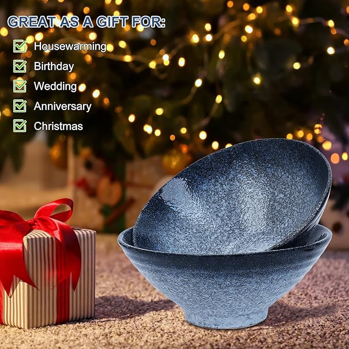 8 Inch Japanese Ramen Bowl Set, Ceramic Pho Bowls and Spoons Set of 2 with Chopsticks and Spoon for Ramen Soup Pho Udon Asian Noodles, Blue