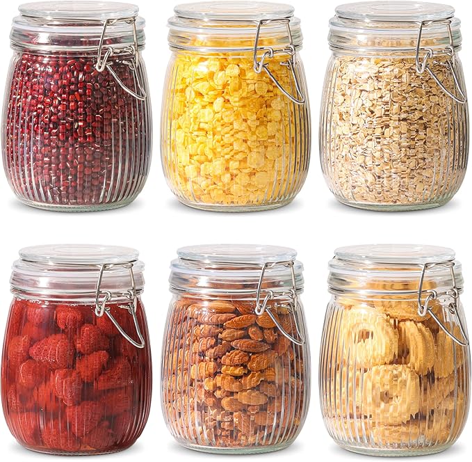 ComSaf Airtight Glass jar with lid 26oz Set of 6, Glass Storage Containers with Lids, Glass Canister, Mason Jars, Striped Clip Fastening Jar for Kitchen Canning, Oat, Coffee, Pasta, Snack, Nut, Candy
