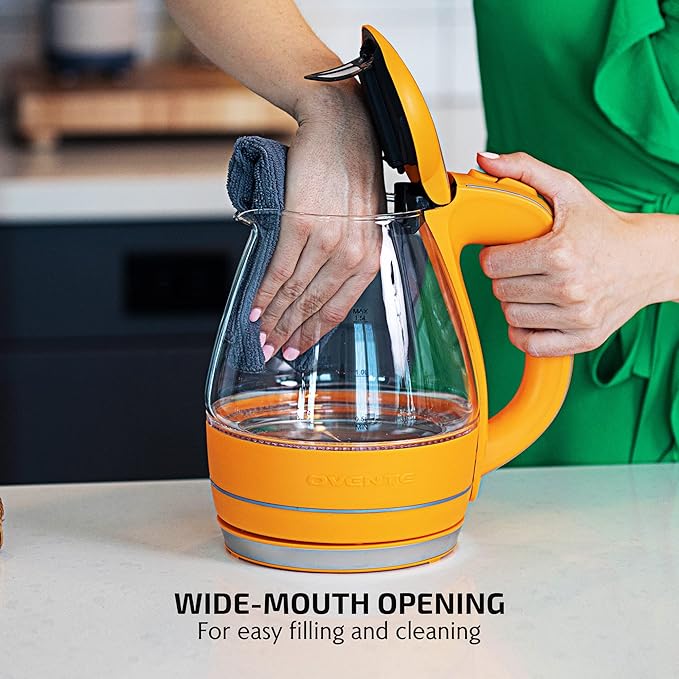OVENTE Electric Kettle, 1.5L Borosilicate Glass Countertop Water Heater and Boiler for Coffee or Tea, BPA-Free, Auto Shut-Off, Boil-Dry Protection, Removable and Washable Spout Filter, Orange KG83O