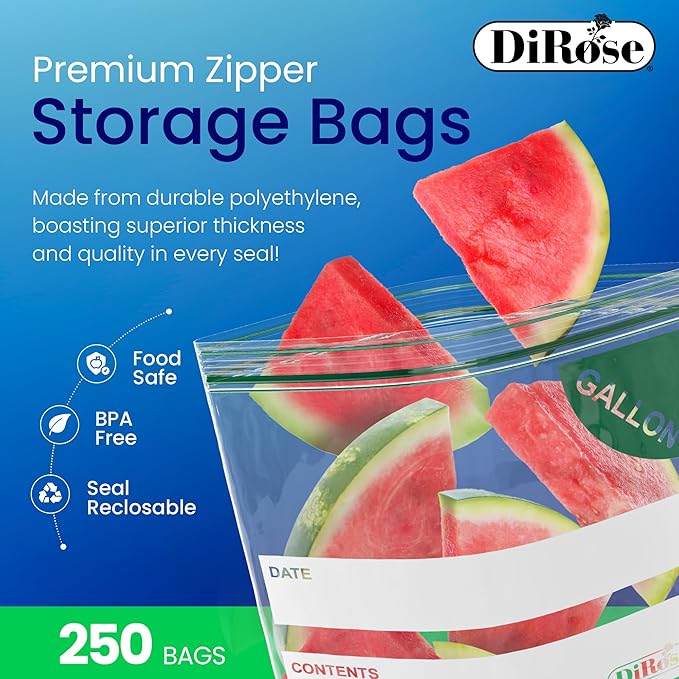 DiRose Gallon Bags Pack of 250 – 1 Gallon Reclosable Storage Bags – Practical and Durable Design – Food Safe Non-BPA Material – Easy Zip Closure – Ideal for Food, Snacks, Dog Treats, Organizing