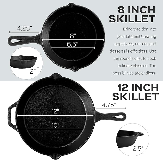 Pre-Seasoned Cast Iron Skillet Set (8-Inch and 12-Inch) Oven Safe Cookware - Heat-Resistant Holders - Indoor and Outdoor Use - Grill, Stovetop, Induction Safe