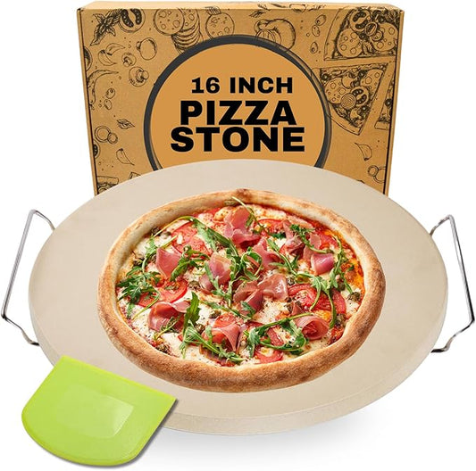 16 inch Round Pizza Baking Stone - Large Pizza Stone for Grill with Handles and Dough Tool - Baking Stone for Bread - Pizza Making Accessories - Cooking Gifts for Food Lovers