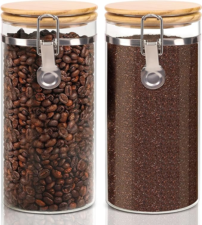 Glass Storage Jars Set Elegant Containers with Airtight Bamboo Lids, Perfect for Kitchen Organization - Flour, Rice, Pasta, Sugar, Coffee Beans, Accessories Included (Coffee Jar x 2)
