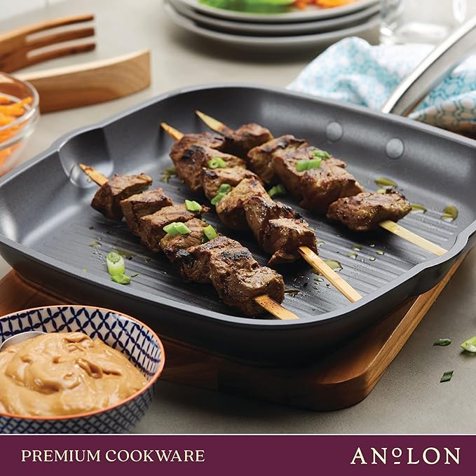 Anolon Accolade Forged Hard Anodized Nonstick Square Grill Pan/Griddle with Spouts, 11 Inch - Moonstone Gray