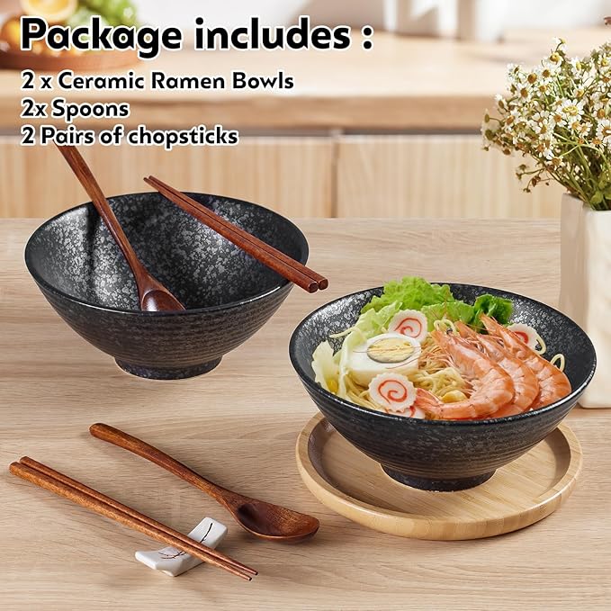 2 x 40 OZ ceramic ramen bowls, 8 IN large Japanese noodle soup bowl, match chopsticks and spoons, suitable for Pho, Udon Asian noodles (Black color 2 set)