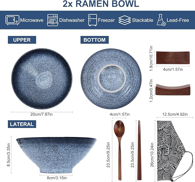 8 Inch Japanese Ramen Bowl Set, Ceramic Pho Bowls and Spoons Set of 2 with Chopsticks and Spoon for Ramen Soup Pho Udon Asian Noodles, Blue