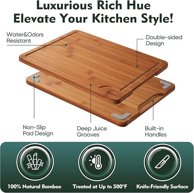 Bamboo Cutting Board, Non Slip Wood Cutting Boards for Kitchen 3 Packs Holder and Over Sink Nice Solid Thick Durable Cutting Boards for Kitchen Large Small Vegetables Fruits Kitchen Gifts (Carbonized)