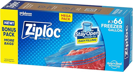 Ziploc Gallon Food Storage Freezer Bags, Stay Open Design, Easy to Fill, 66 count