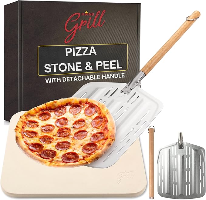 Hans Grill Pizza Stone PRO XL Baking Stone For Pizzas use in Oven, Grill or BBQ FREE Long Handled Anodised Aluminium Pizza Peel | Rectangular Stone 15 x 12" Inches | For Pies, Pastry, Bread, Calzone