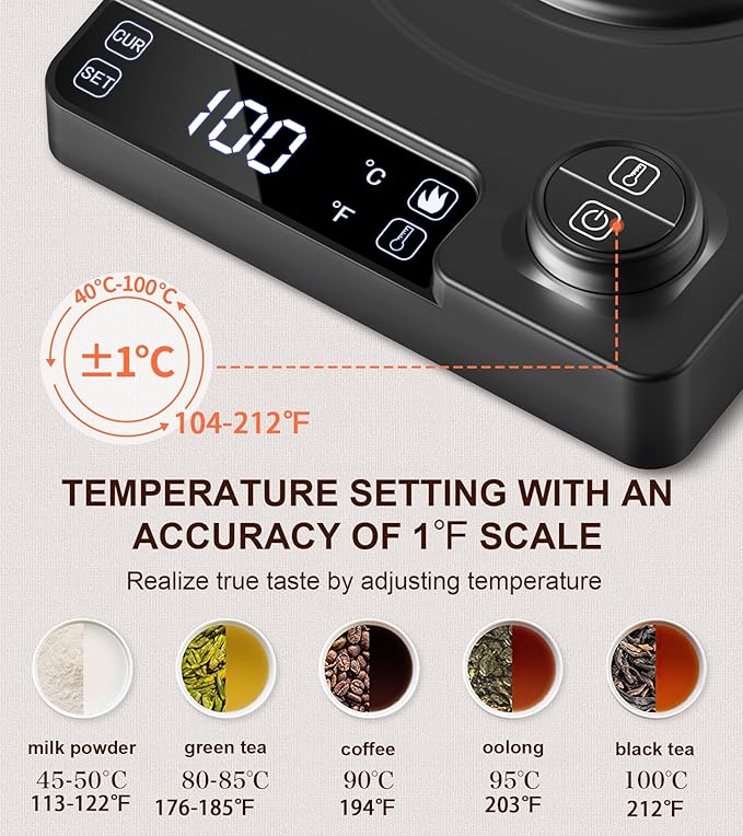 Gooseneck Electric Kettle with ±1℉ Precision Temperature Control for Pour Over Coffee & Tea, Rapid Boil, 304 Stainless Steel, Built-in Brew Timer, 1200W/1.0L