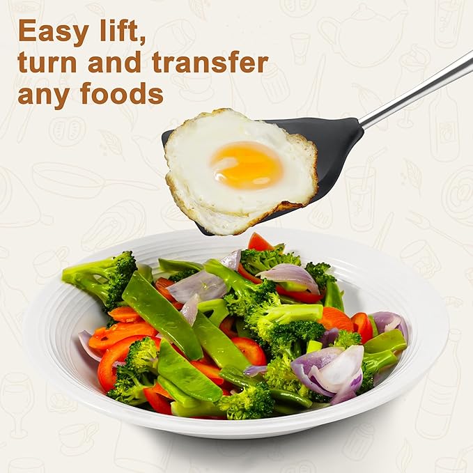 FJNATINH Silicone Spatula and Turner Set - Slotted Spatulas,Non Stick Heat-Resistant Cooking Utensils BPA Free Kitchen Utensils Cookware Wooden Handle (Walnut Handle-Spatulas 2PCS)