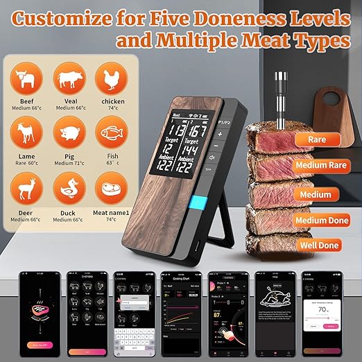 Wireless Meat Thermometer-Multi Sensors Digital Food Thermometer with Ultra-Thin Probes, Accuracy Smart Bluetooth Meat Thermometer for Steak, BBQ, Oven, Grill, Smoker,Recipes in App & Host