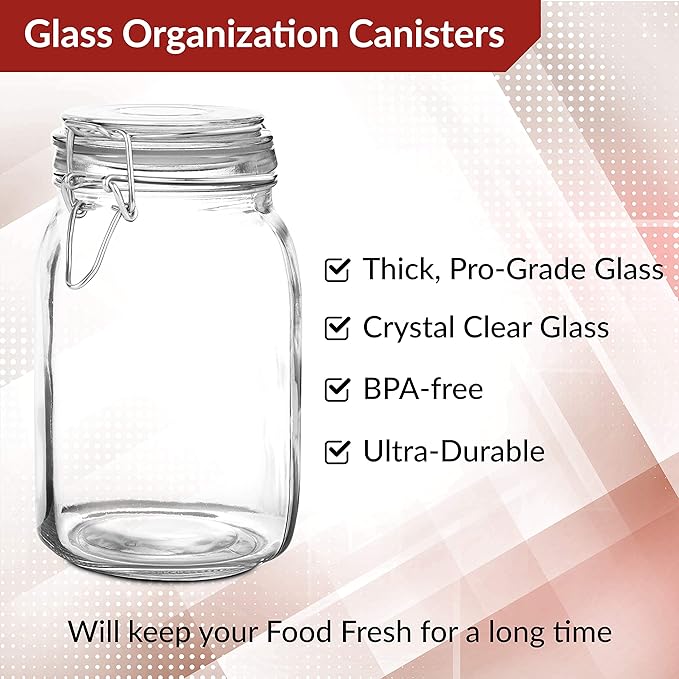 Set of 3 Mason Jars with Lid (1 Liter) | Airtight Glass Storage Containers for Food, Flour, Pasta, Coffee, Candy, Dog Treats, Snacks & More | Glass Organization Canisters | 34 Ounces