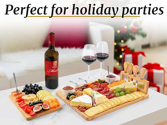 Zulay Kitchen Premium Bamboo Charcuterie Board Set - Extra Thick Bamboo with 4 Piece Knife Set - Perfect for Charcuterie, Wine and Cheese