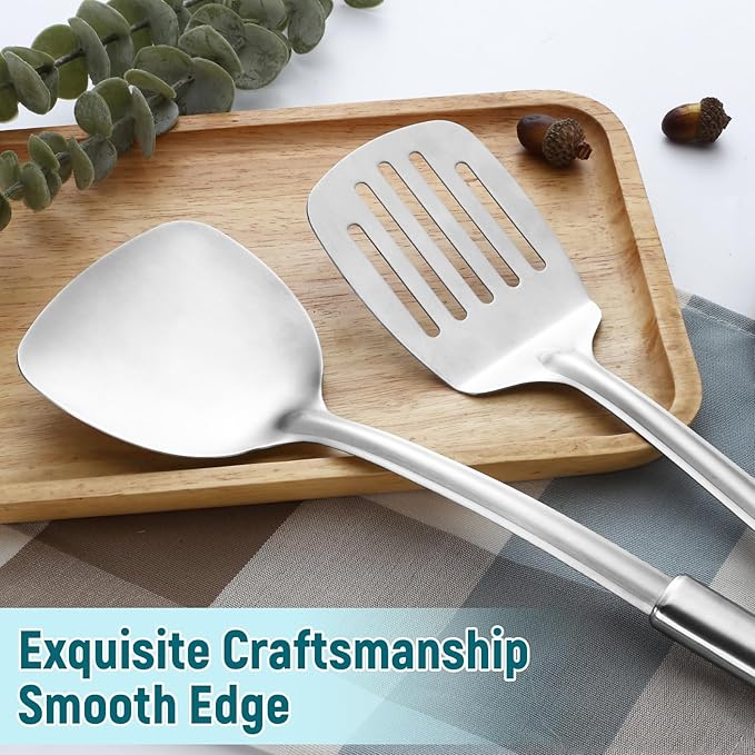 Pleafind 2-Pcs Solid & Slotted Spatula Set, 304 Stainless Steel Spatula, Metal Spatulas, Wok Utensils, Cooking Utensils, Wok Spatulas for Home, Kitchen and Restaurant, Dishwasher Safe