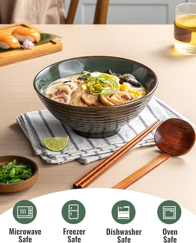 8 Inch 40oz Large Japanese Ramen Bowl Set of 2,Material Safety Ceramic Ramen Bowls with Matching Chopsticks and Spoons, Pho Bowls Ramen Noodle Bowl for Asian Udon Soup Salad Cereal(Retro Cyan)