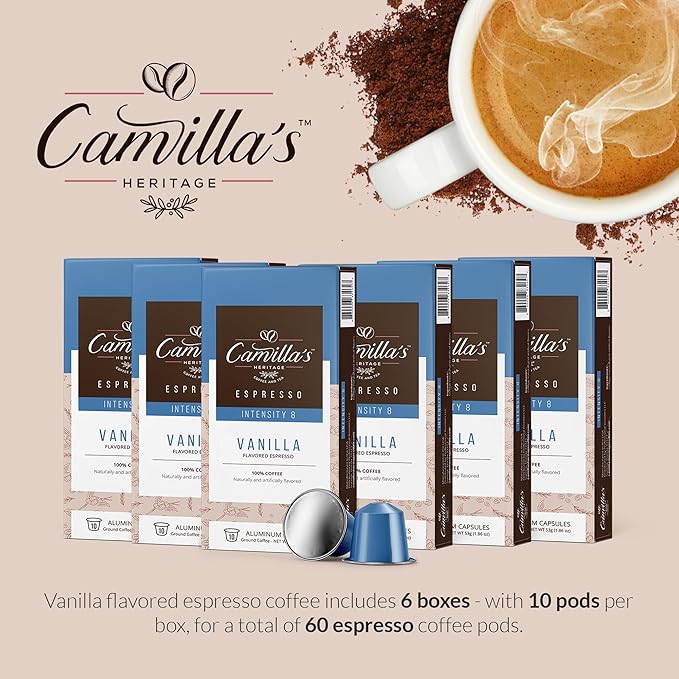 Camilla’s Heritage - Intensity 8 Vanilla Flavored Espresso Coffee, Gourmet Espresso Cups, 60 Coffee Pods