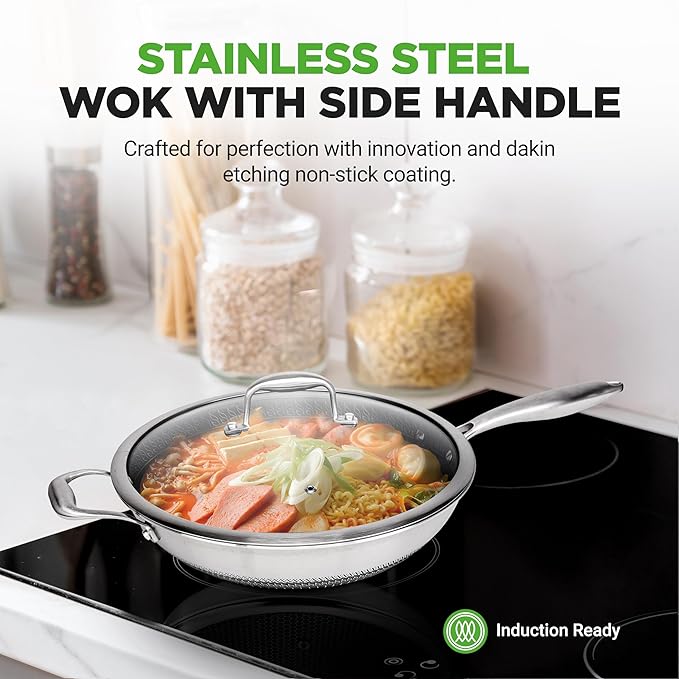 NutriChef 12" Stainless Steel Wok - Induction ready, Non Stick Tri-ply technology, Scratch-resistant Honeycomb Fire Textured Pattern