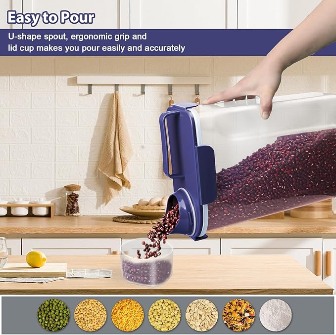 Rice Container, Airtight Rice Storage Container 10lb, Cereal Containers Storage, BPA Free Food Dispenser with Pouring Spout Handle for Flour Pasta Grain, Pet Dog Cat Bird Food Storage Container