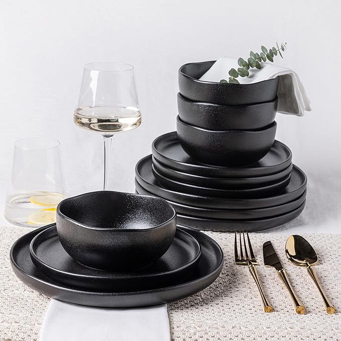 TheTerra Ceramic Dinnerware Sets for 4, 12 Pieces Porcelain Lightweight Plates and Bowls Sets, Scratch Resistant Dish Set, Oven & Microwave & Dishwasher Safe, Black