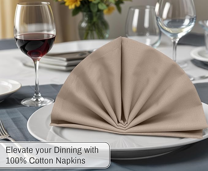 Ruvanti Cloth Napkins Set of 12, 18x18 Inches, 100% Cotton, Washable, Soft & Absorbent, Perfect for Wedding, Christmas, ‎Thanksgiving Dinners - Light Taupe