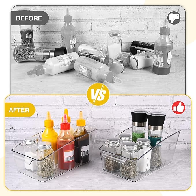 6 Pack Clear Pantry Organizer Storage Bins Removable Snack Organizer Plastic Cabinet Organizers Racks with 3 Dividers, Refrigerator Bins Kitchen Storage