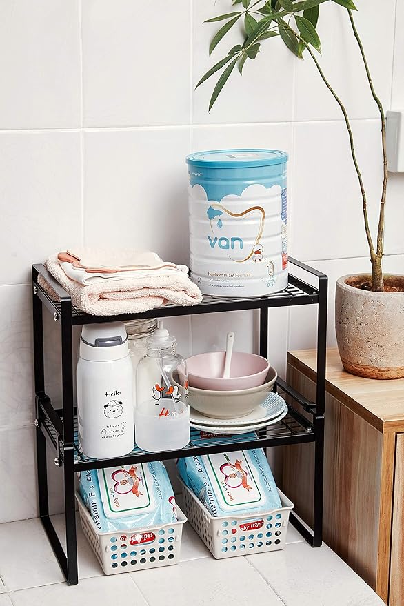 2 Pack Kitchen Cabinet Shelf Counter Organizer Rack Pantry Storage Bathroom Bedroom Office Table Desk Space Saving Steel Frame Stackable Rust Resistant Non Slip Black