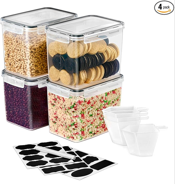 Sorbus Food Storage Containers - Pack of 4 - Air Tight, Four-Way Snap Lids Keeps Food Fresh - Store Cereal, Pasta, Flour, Nuts, Candy - Durable Plastic Kitchen Pantry Bins