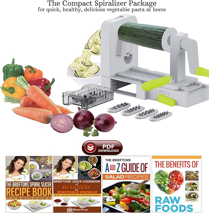 Brieftons QuickFold 5-Blade Spiralizer: Versatile & Compact Foldable Vegetable Spiral Slicer, Best Veggie Pasta Spaghetti Maker for Low Carb/Paleo/Gluten-Free with Brush & 4 Recipe Ebooks
