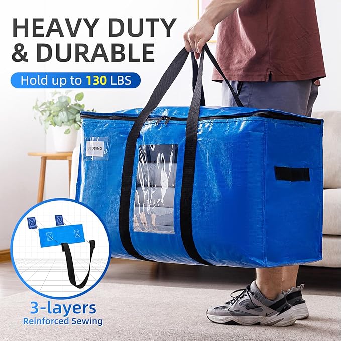 TAILI Extra Large Moving Bags, 2 Pack Blue Heavy Duty Totes for Storage with Visible Window, Wrap Around Handles, Storage Bags for Space Saving, Alternative to Moving Boxes