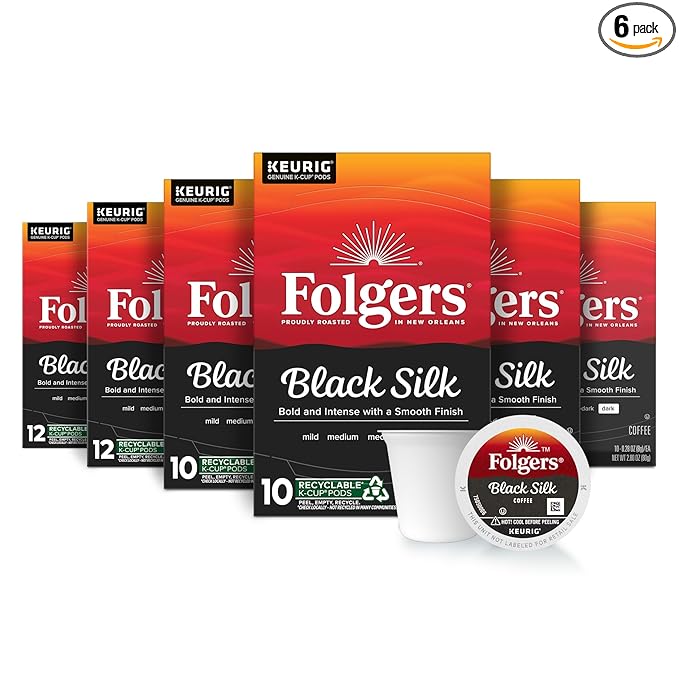 Folgers Black Silk Coffee, Dark Roast, Keurig K-Cup Pods, 10 Count Box (Pack of 6)