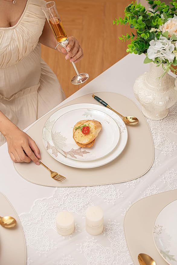 Artistic Bone China Dinnerware Set with Gold Trim, Handcrafted Jingdezhen Design, Glazed Inner Patterns, Service for 4 – Maple Leaf Collection