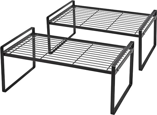 2Pack Cabinet Shelf Organizer Storage Rack Space Saving for Kitchen Counter Pantry Bathroom Cupboard Under Sink Office Table Desk Steel Stackable Rust Resistant Heavy Duty Nonslip 16” Black