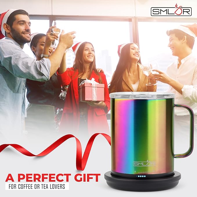 SMLDR Pro Heated Mug, 14 oz Smart Mug, Self-Heating, Adjustable Temperature, Battery Powered Heated Coffee Mug, Quick Recharge Time, Great for Coffee & Tea, Excellent Gift (Rainbow)