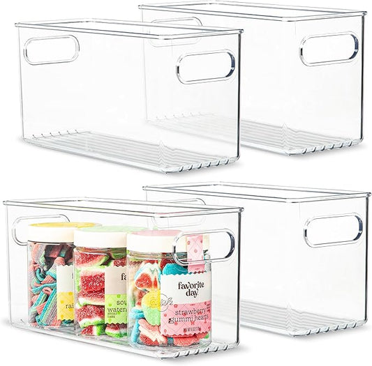 Plastic Food Storage 4 Pack Clear Container Bin with Handles for Organizing Kitchen, Pantry, Refrigerator, Freezer, Pantry, Cabinet, Closet, Bathroom. 10”x4”x5”