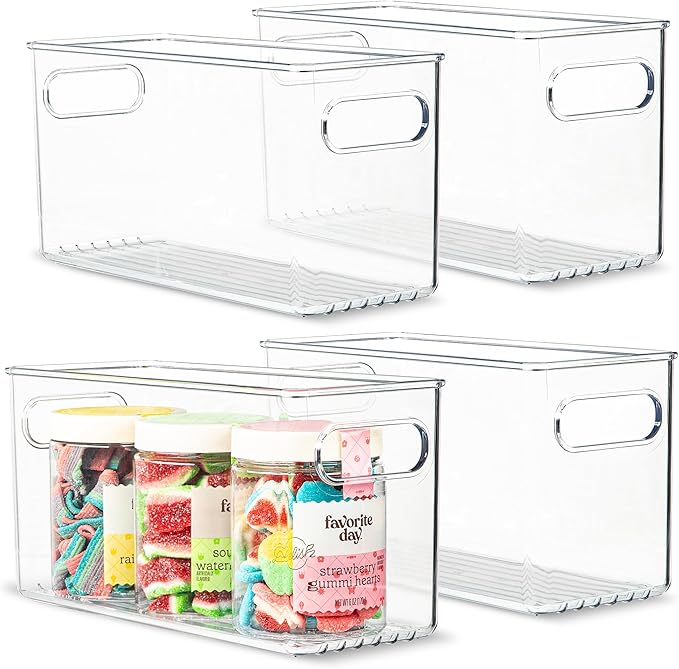 Clear Plastic 4 Pack Storage Container Bin with Integrated Easy Grip Handles. For Kitchen, Fridge, Freezer, Cabinet, Pantry, Bathroom Organization. 10"x4"x5"