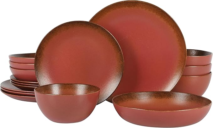 Bloomhouse Palermo Sun Double Bowl Stoneware Reactive Glaze Plates and Bowls Dinnerware Set - Paprika Red, Service for Four (16pcs)
