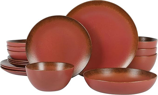 Bloomhouse Palermo Sun Double Bowl Stoneware Reactive Glaze Plates and Bowls Dinnerware Set - Paprika Red, Service for Four (16pcs)