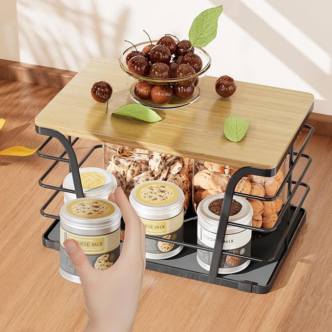 Pantry Organizers and Storage - Stackable Wire Basket with Lightweight PP Mat & Bamboo Top for Fruits Vegetables,Fruit Holder for Kitchen Countertop,Black