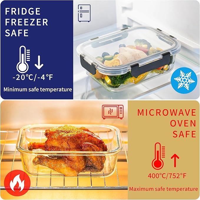 MFY 5-Pack 36 OZ Glass Storage Containers with Lids, Glass Meal Prep Containers Set, Airtight Lunch Containers with Lids, Microwave, Oven, Freezer and Dishwasher Safe, White