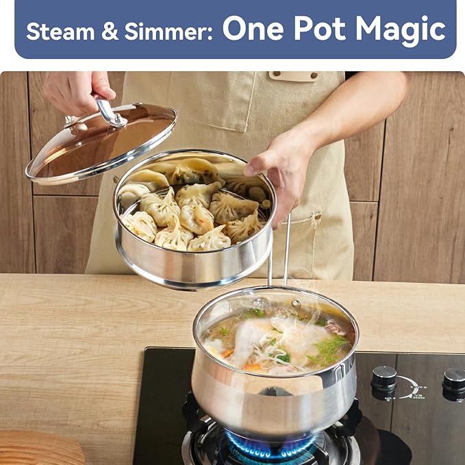 Stainless Steel Saucepan with Steamer Basket, 2.5 QT Cooking Pot All Stove Compatible - Soup Pot Perfect for Cooking Gravies, Pasta, Vegetable and More