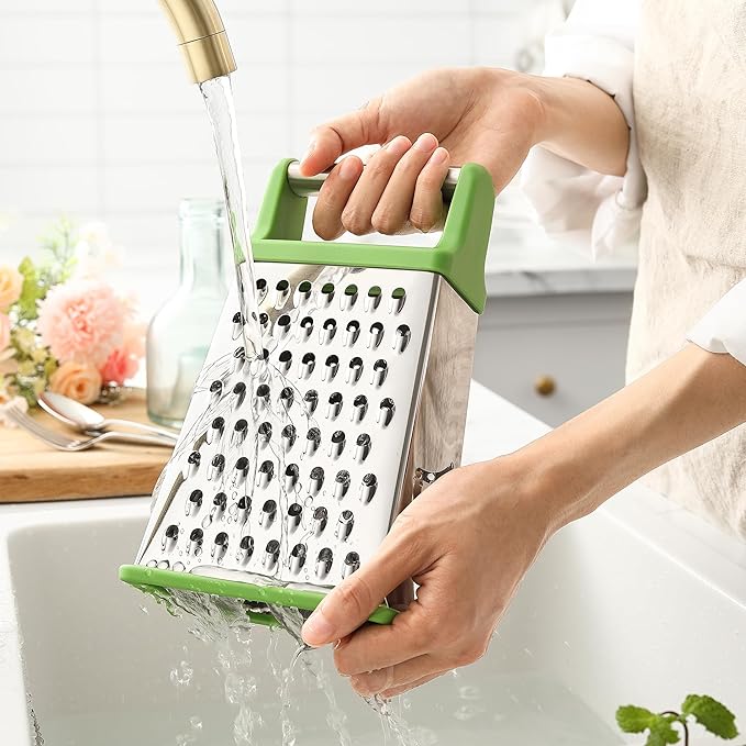 Spring Chef Green Professional Stainless Steel XL Parmesan Cheese Grater with Handle - 4 Sided Box Grater for Kitchen - Dishwasher Safe Food Shredder for Carrot, Potato, Vegetables, Ginger, Hash Brown