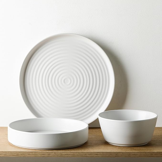 Stone Lain Elica 12-Piece Modern Dinnerware Set Stoneware, Plates and Bowl Sets for 4, White