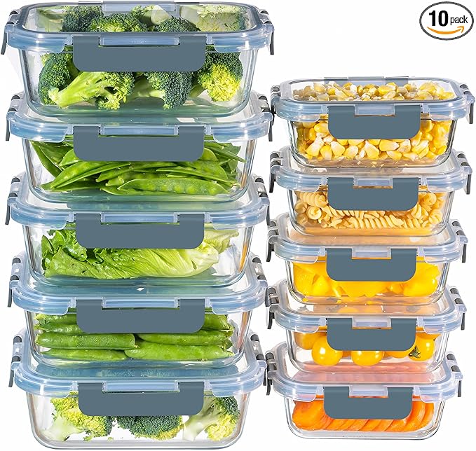MFY 10-Pack Glass Storage Containers with Lids, Glass Meal Prep Containers Set, Airtight Lunch Containers with Lids, Microwave, Oven, Freezer and Dishwasher Safe, Gray