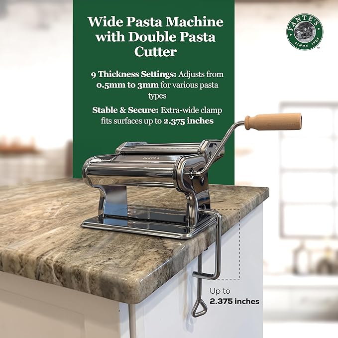 Fante's Wide Pasta Machine With Double Pasta Cutter For Spaghetti And Fettuccine, For Rolling Extra-Wide Pasta Sheets And Creating Consistent Homemade Noodles