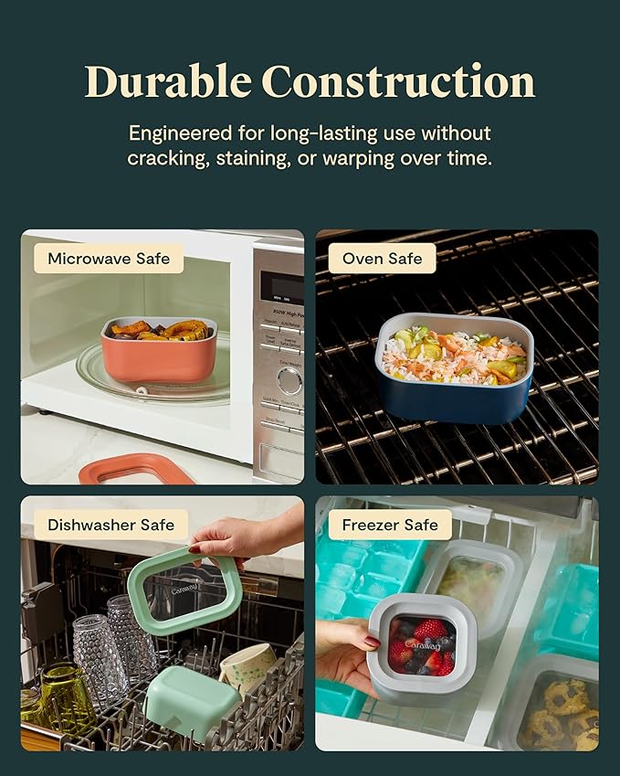 Caraway 2pc Glass Food Storage Set - 2.6 Cup Food Containers (2) - Non-Toxic Ceramic-Coated Glass - Air Release Technology - Compact & Stackable Design - Cream